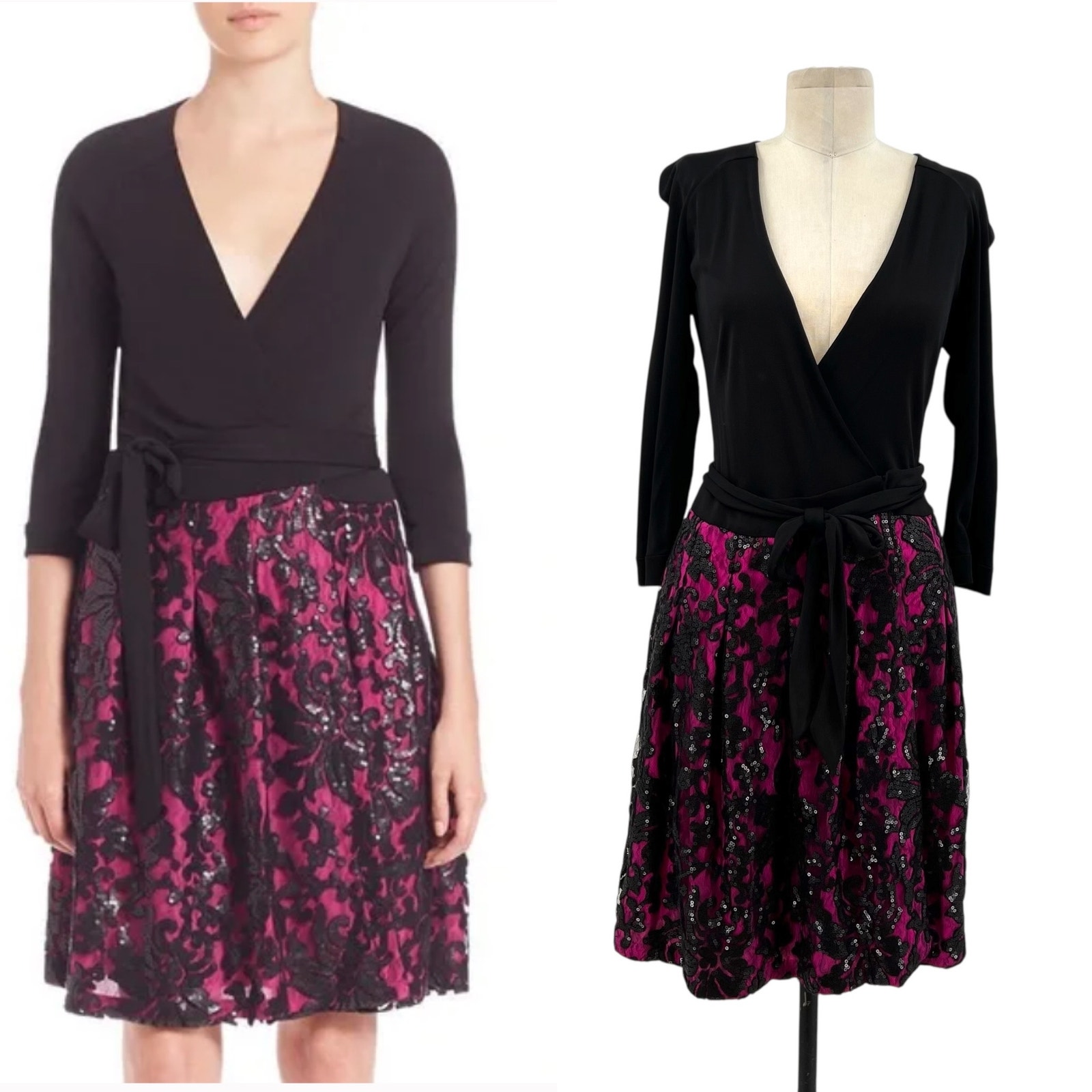 Diane Von Furstenberg Jewel Wrap Dress Floral Embroidered Black Pink Size 8